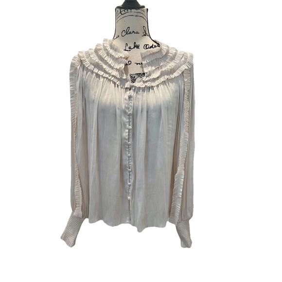 MNG MANGO BLOUSE RUFFLED SZ S LONG SLEEVE FLOWY ELASTIC CUFFS SOPHISTICATED Chic - Picture 13 of 16